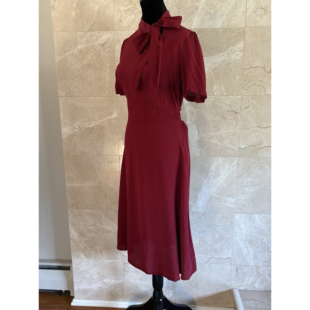 Burgundy 1940s Bow-Tie Neck Midi Dress, Retro Vintage Seamstress of Bloomsbury - Picture 7 of 10